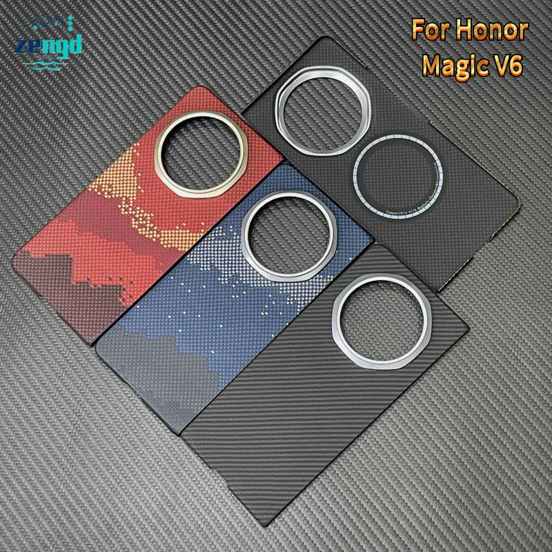For Honor Magic V6 Fold Aramid Carbon Fiber Phone Case Magnetic Slim Lightweight Shockproof Anti-Drop Protective Cover